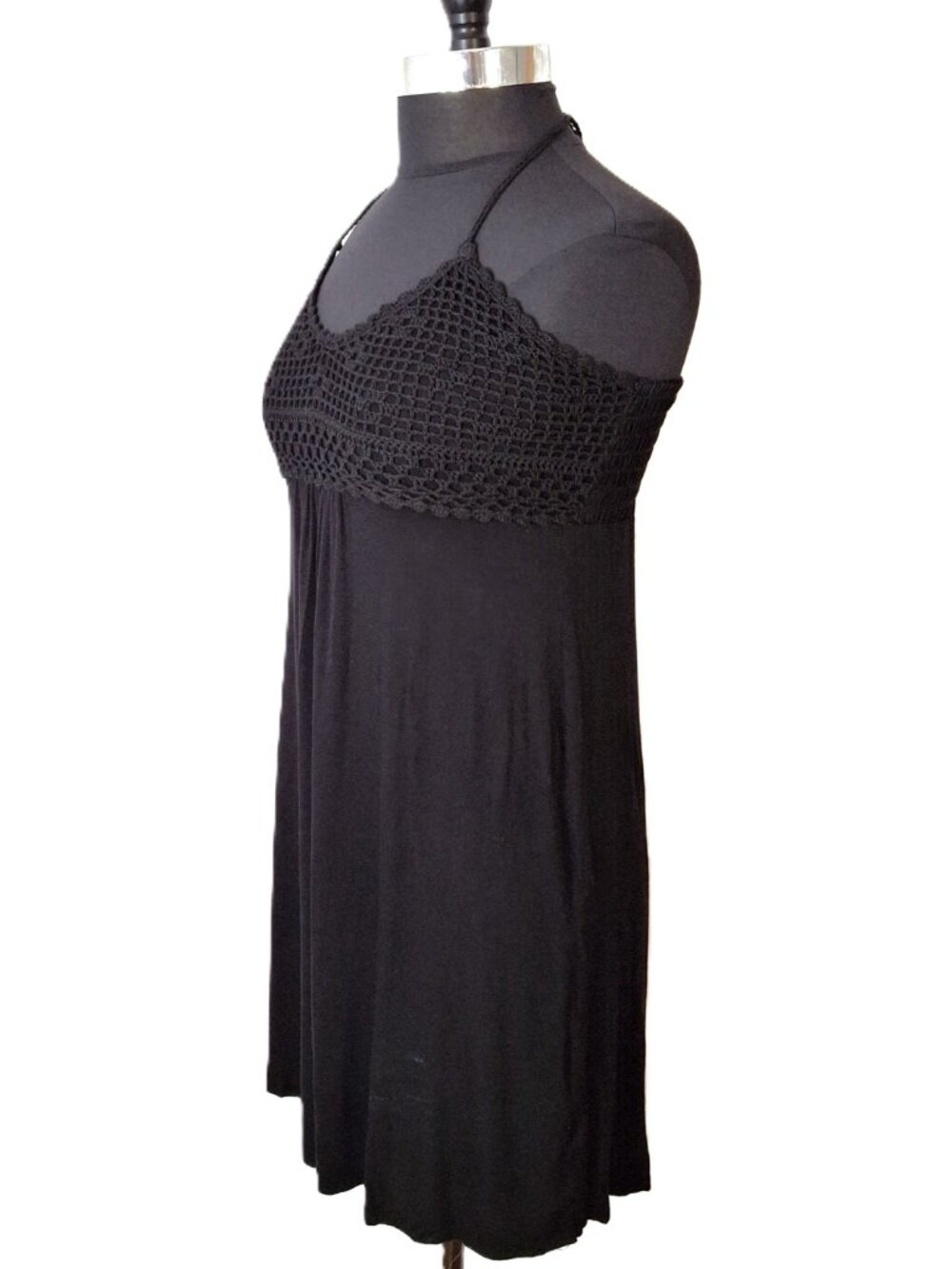 Crochet Sz M Halter Short Sundress Black Beachy Slimming Empire Gathered Bodice